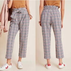 Anthropologie Pants Womens 2 Blue Tan Hazelle Slim Seersucker Paperbag Waist